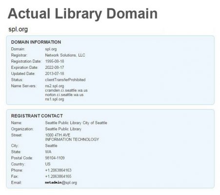 Domain information from whois.com for actual Seattle Public Library domain
