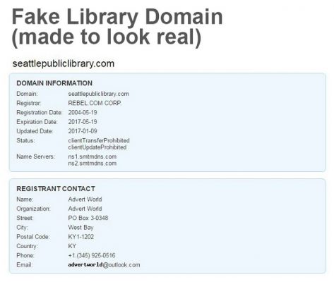 Domain information found at whois.com for fake library domain