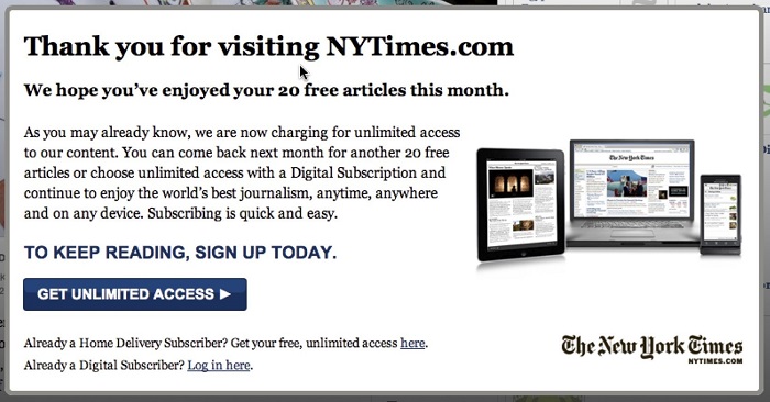 Newspaper paywall example