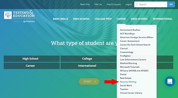 Career drop-down menu on Testing & Education Reference Center homepage