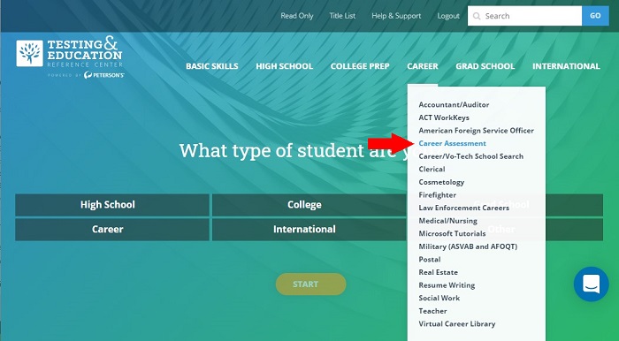 Testing & Education Reference Center, showing the Career drop-down menu