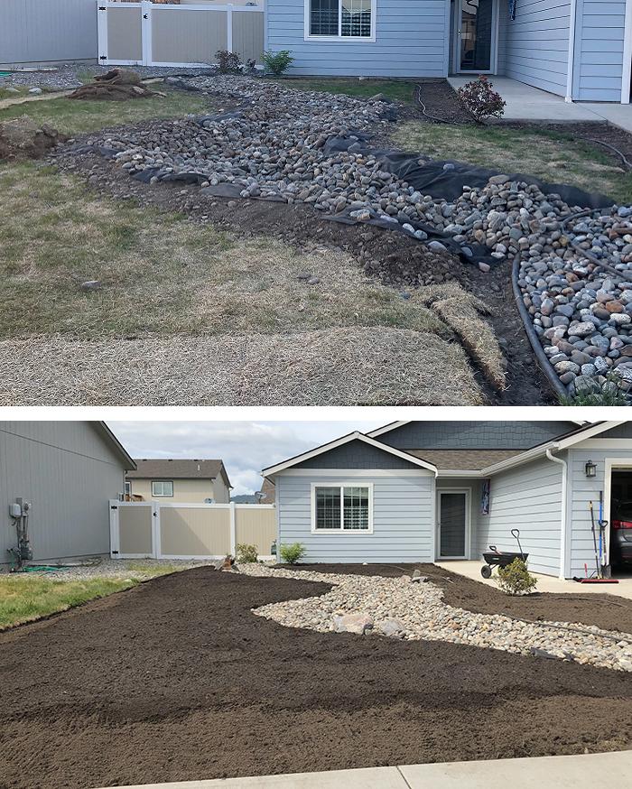 Dry creek bed and sheet-mulch layer