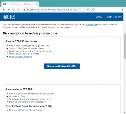 Image 3: Choose Free File Based on Income (www.irs.gov)