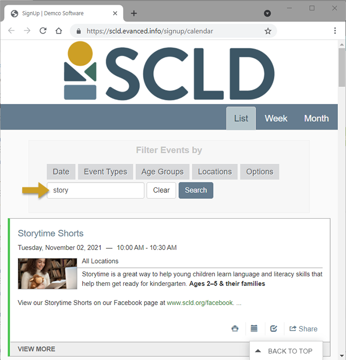 Library event calendar, using the keyword search function