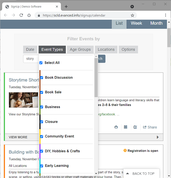 Library event calendar, using the Event Types drop-down menu