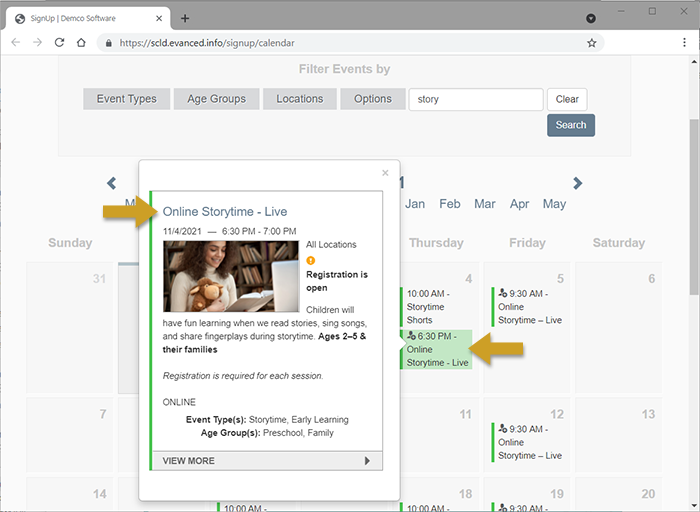 Library event calendar, clicking on an event on the calendar and then clicking on the title in the popup to register for the event
