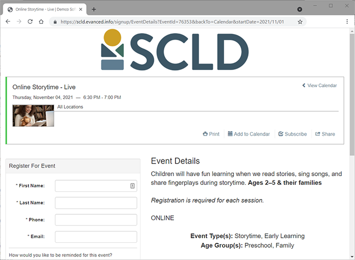 Library event calendar, example of an event registration page