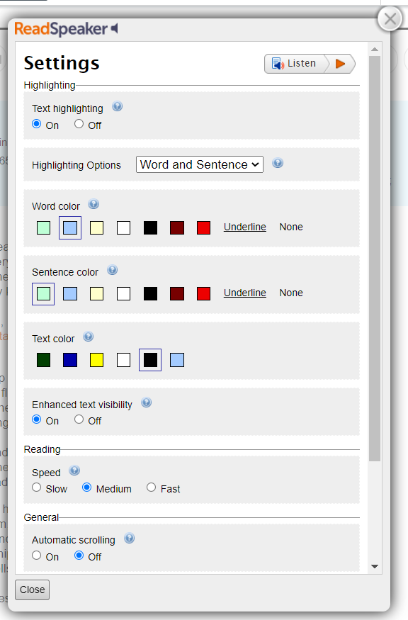 Litfinder Audio Settings for the Listen tool