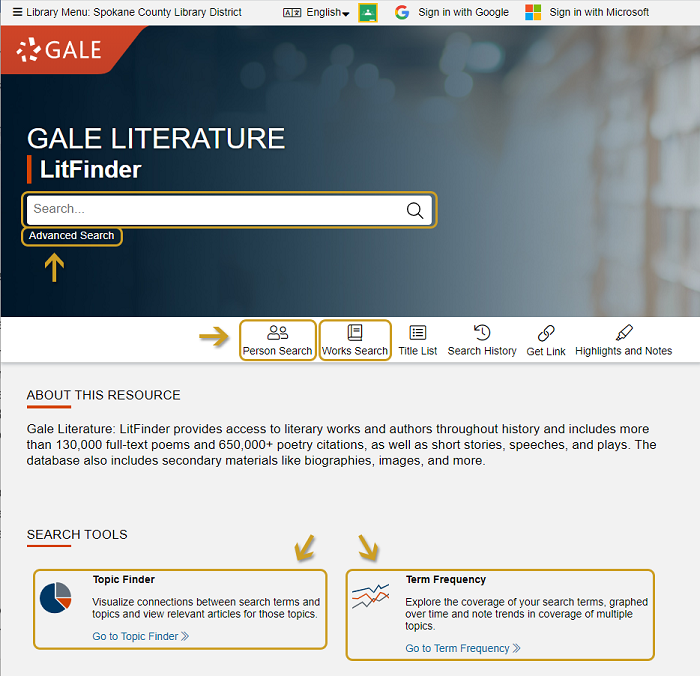 Search features on Gale Literature: Litfinder's home page