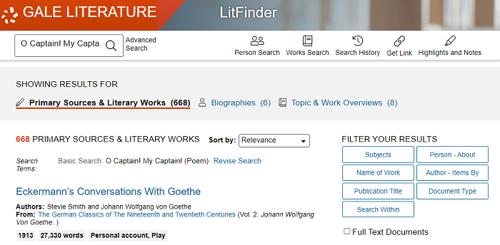 Litfinder search result categories