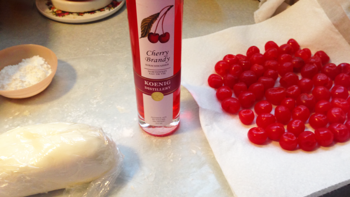 Figure 1. Drained cherries, fondant, and left-over liqueur