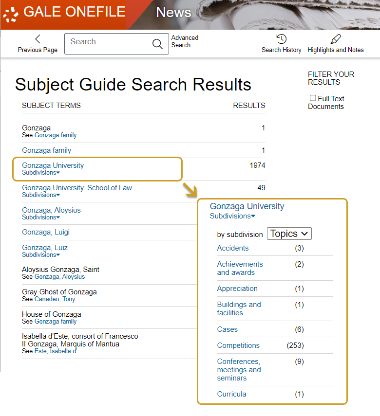 Gale OneFile News, Subject Guide search results and Subdivisions topics