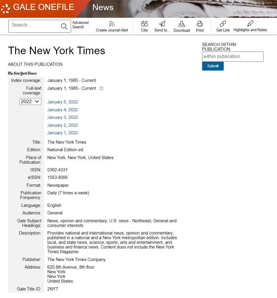 Gale OneFile News, Publication Search result example for "The New York Times"