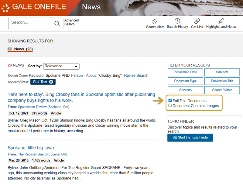 Gale OneFile News, Advance Search results and Full Text Documents checkbox
