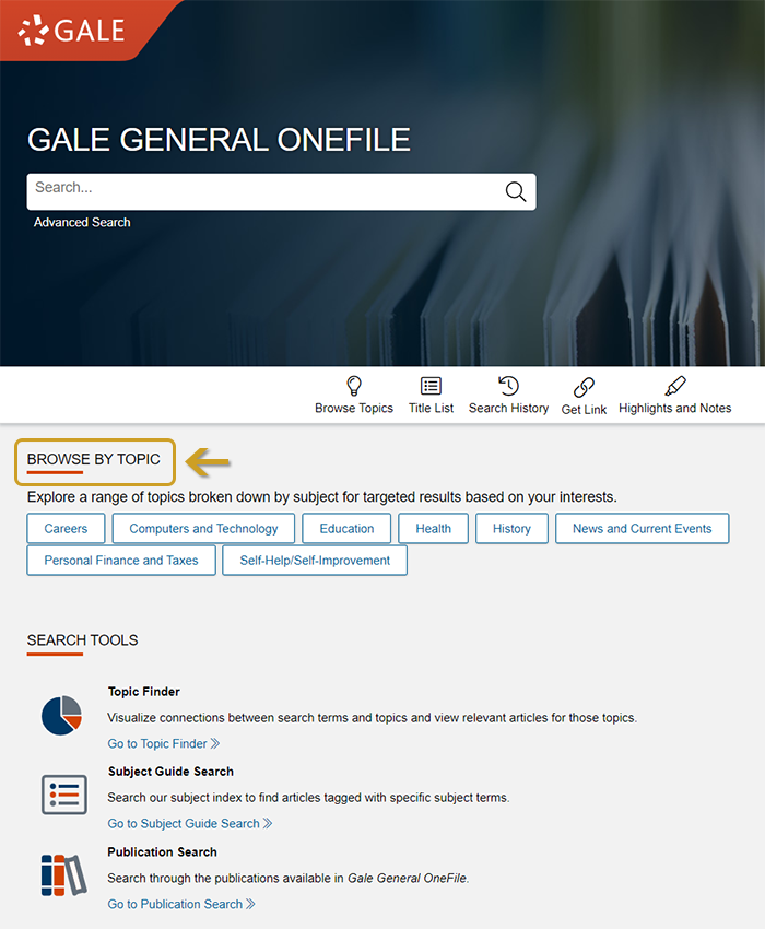 Gale General OneFile main interface with Browse by Title option