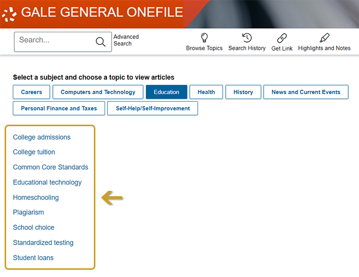 Gale General OneFile's Browse by Topic example for the topic of  Education