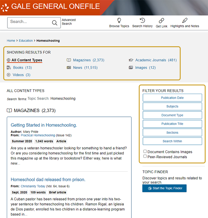 Gale General OneFile's results page for content on the topic of Homeschooling and content filtering options