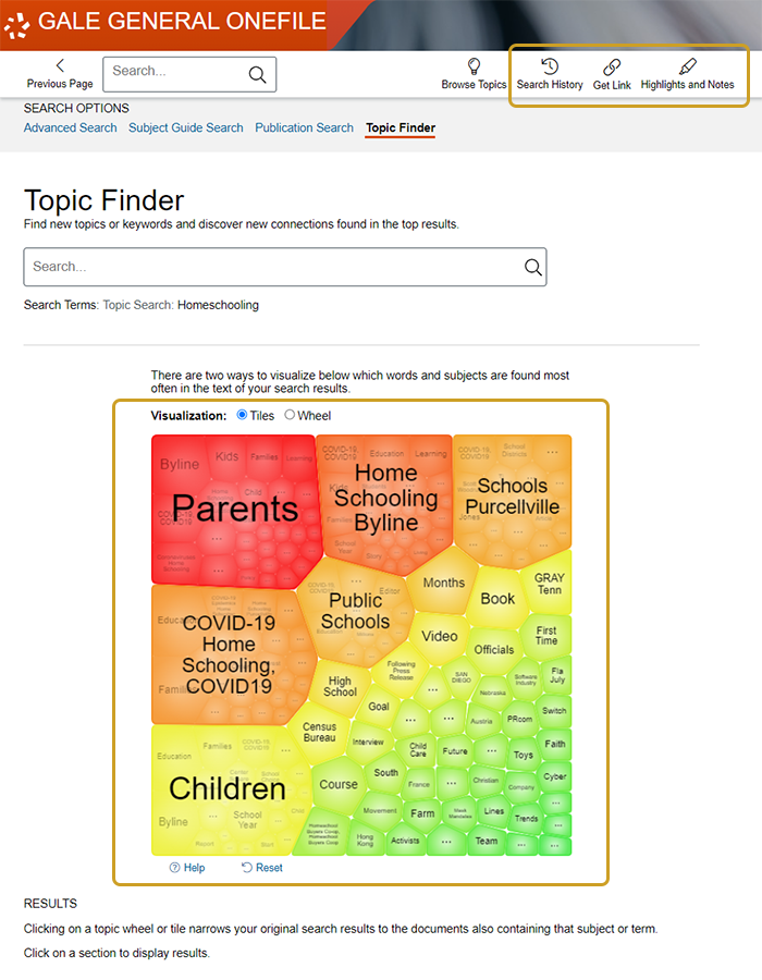 Gale General OneFile's Topic Finder visual tool