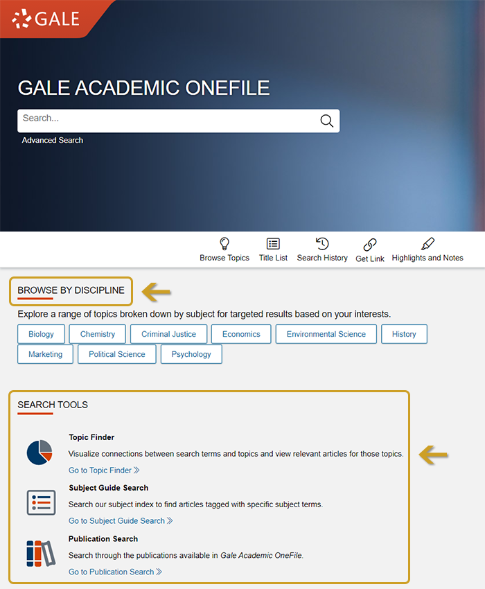 Gale Academic OneFile's main interface, including Browse by Discipline section and Search Tools