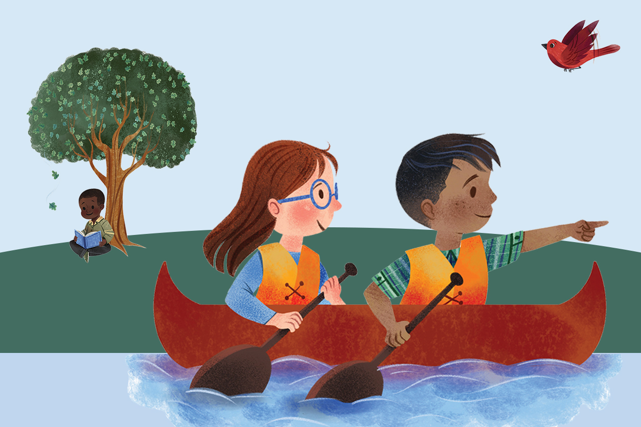 Illustration of kids in a canoe with oars in the water, a red bird flying in the sky, and a boy reading a book under a tree on land
