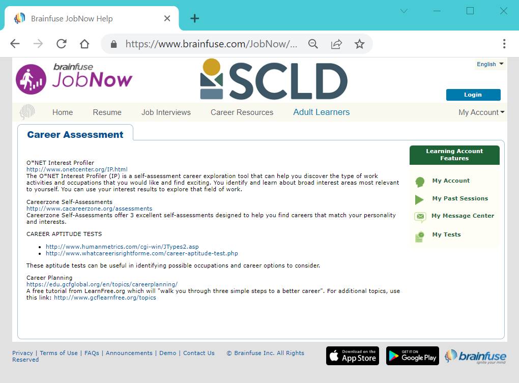 JobNow Career Assessment web page 