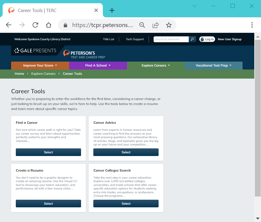 Peterson's Test and Career Prep website: Career Tools web page