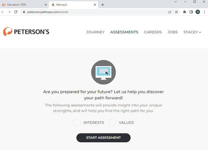 Peterson's Test and Career Prep web site: Start Assessment web page