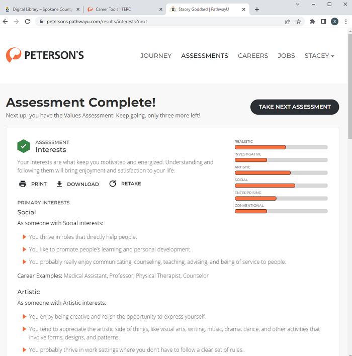 Completed Interest Assessment example from Peterson's Test and Career Prep website