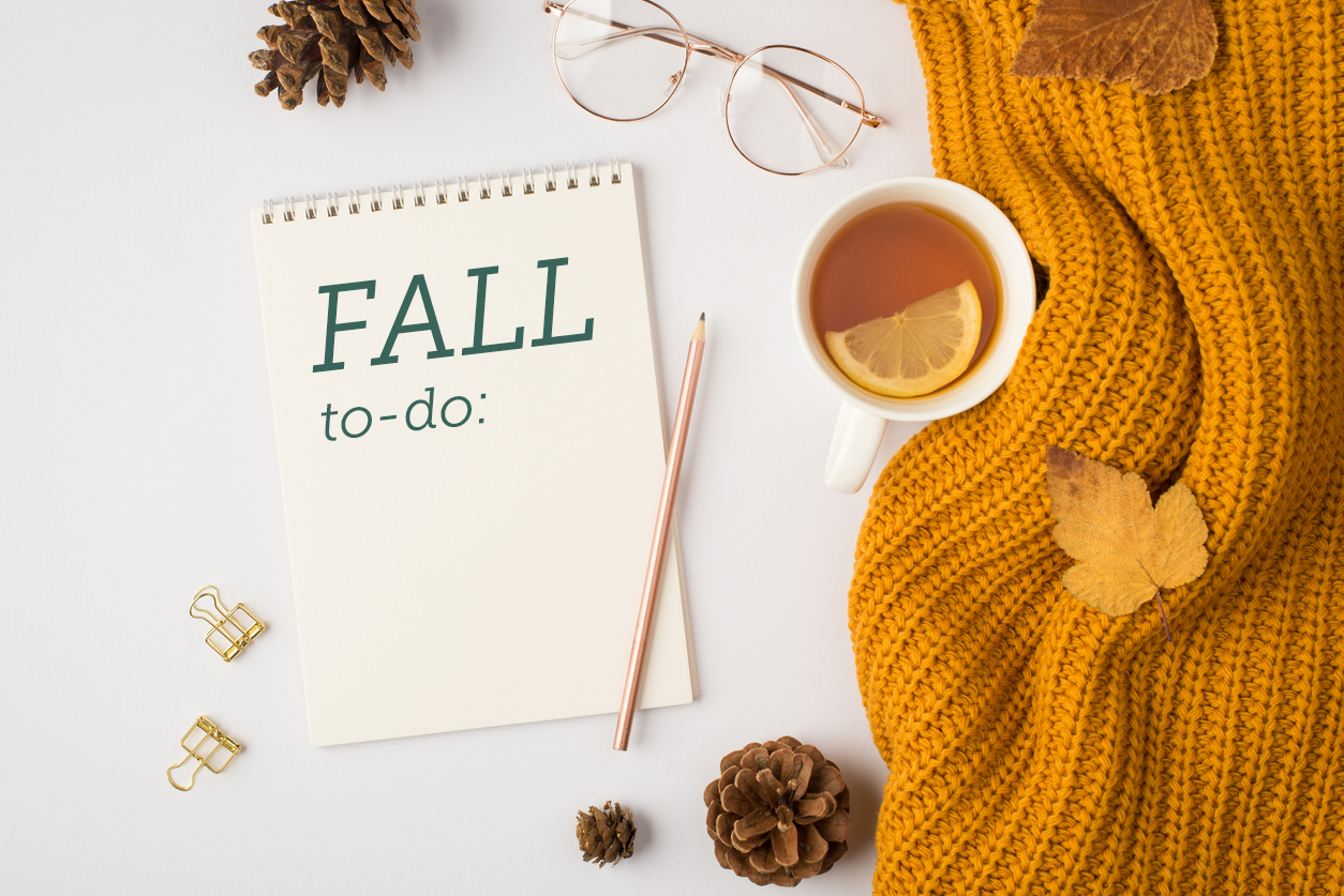 Fall to-do list note pad and pencil with cup of tea