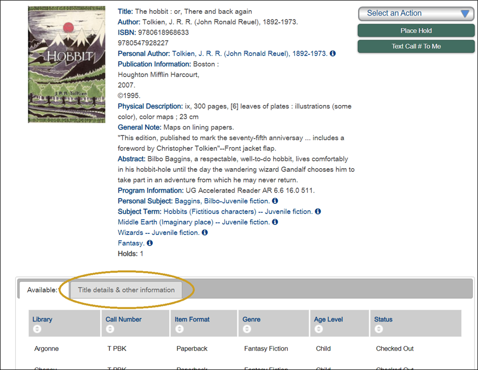 Library catalog: item entry, tabbed section for "Title details & other information"
