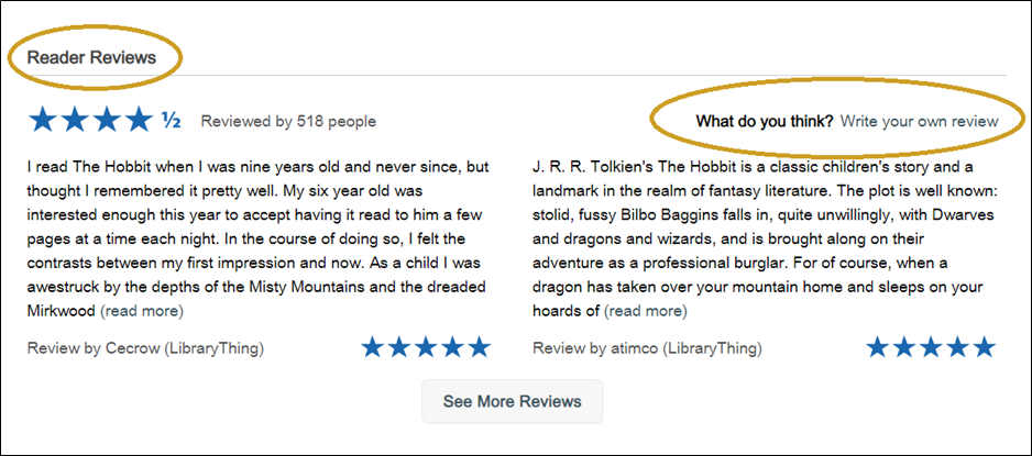 Library catalog: item entry; "Reader Reviews" section under the tab