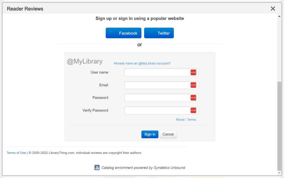 LibraryThing @MyLibrary sign up form for writing book review in the library's catalog