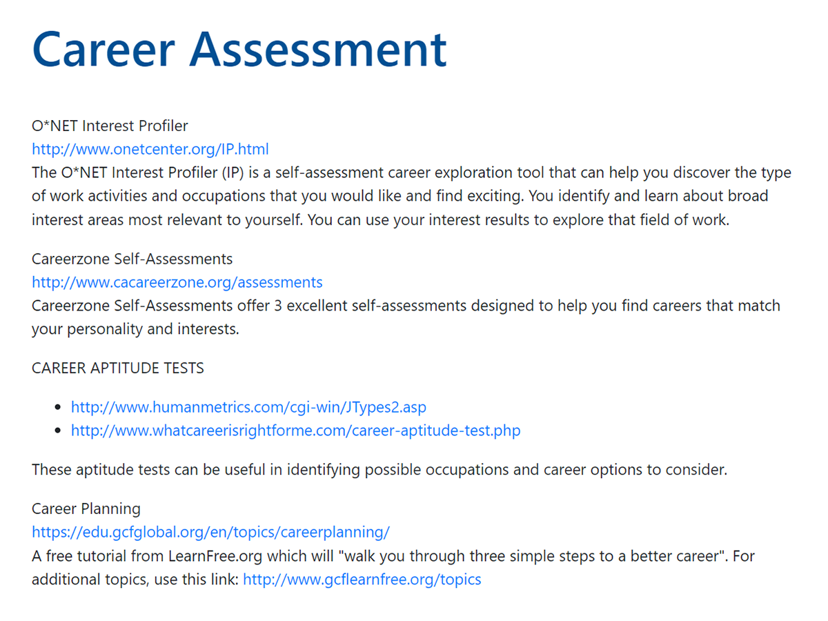 JobNow Career Assessment Options