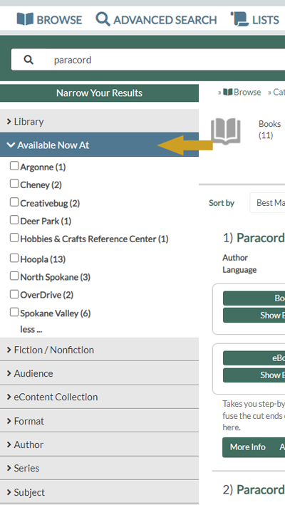 Figure 11. Narrow Your Search filters column & "Available Now at" options