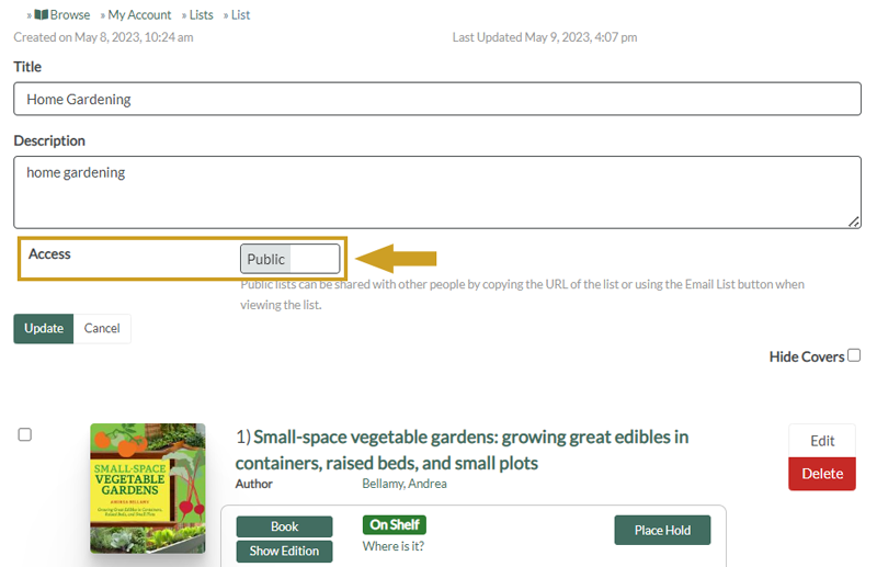 Figure 18. Access toggle to make lists you create public