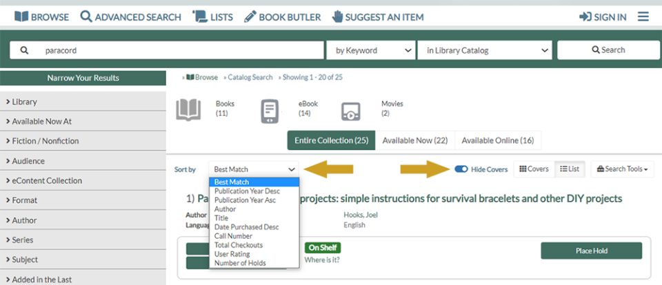 Figure 9. "Sort by" drop-down options & "Hide Covers" toggle