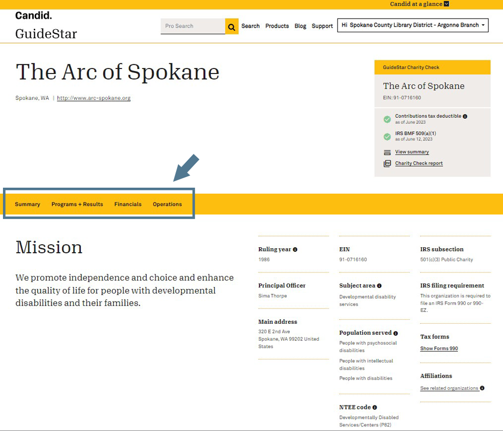 Figure 1. GuideStar Profile for The Arc of Spokane
