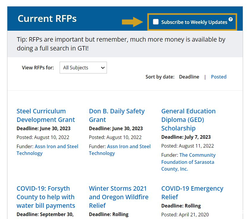 Figure 3. The Current RPFs section within Grants for Individuals