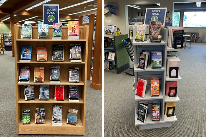 Shelves for Books to Go collection at Argonne Library (left) and Fairfield Library (right)