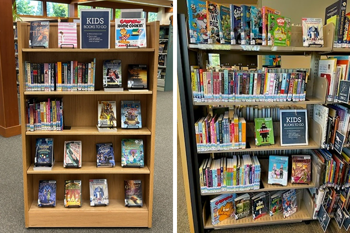 Shelves for the Kids' Books to Go collection at Argonne Library (left) and Fairfield Library (right)