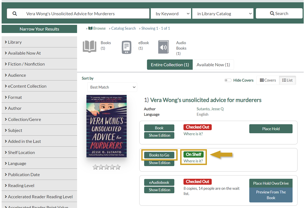 SCLD catalog entry showing the Books to Go format and "Where is it?" link