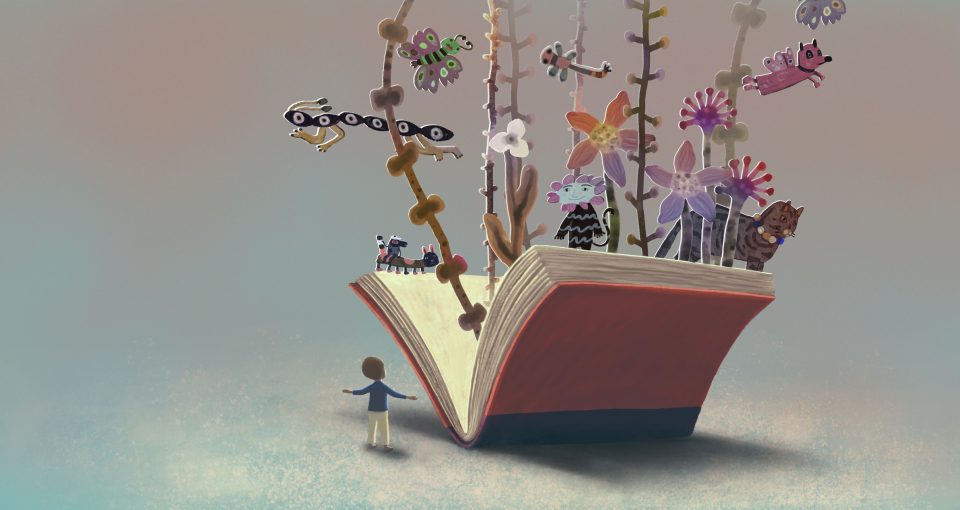 Illustration of a small human looking at a giant book with creatures and plants emerging from the book to symbolize imagined worlds