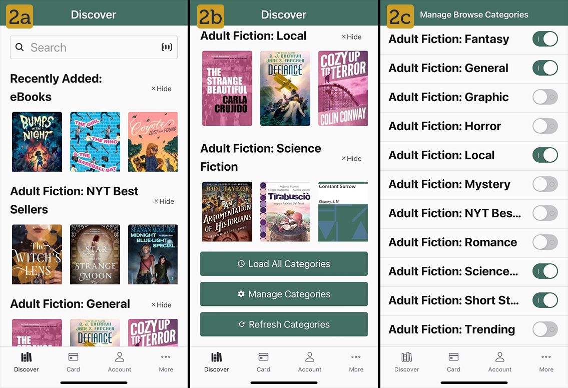 Figure 2a, 2b, & 2c. The Discover screen where you can search for materials at the top, or browse through the Categories, and the Manage Browse Categories screen