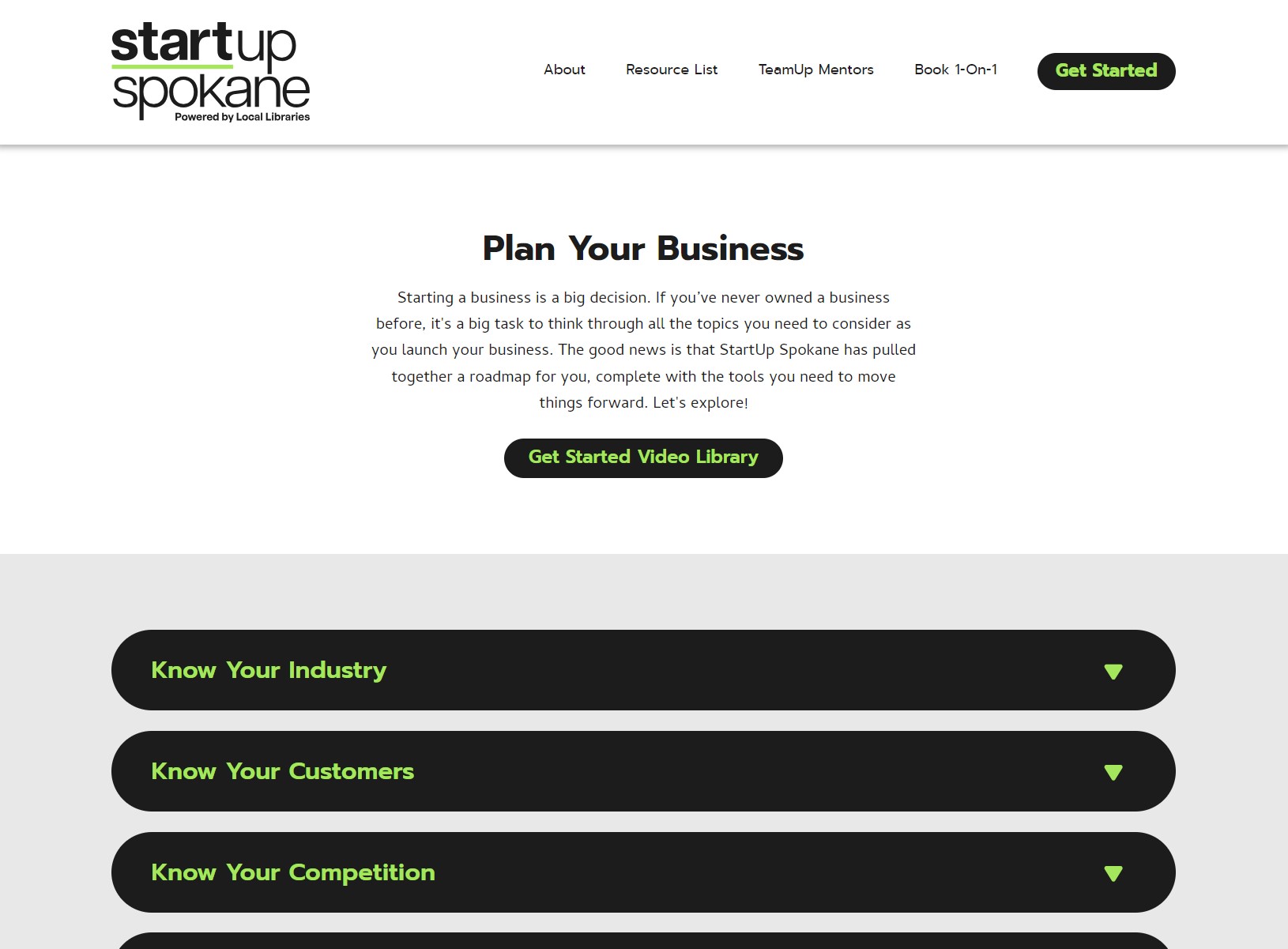 Screenshot of the "Get Started" Plan Your Business webpage for the StartUp Spokane website