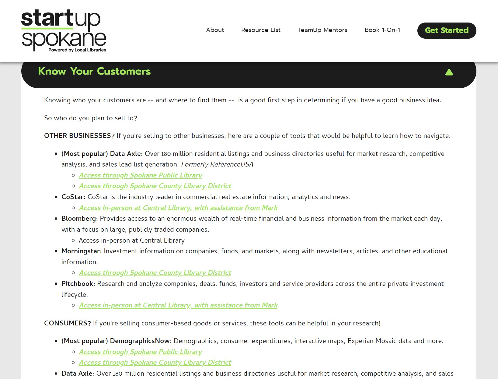 Screenshot of the "Know Your Customers" section of the "Get Started" Plan Your Business webpage for the StartUp Spokane Website