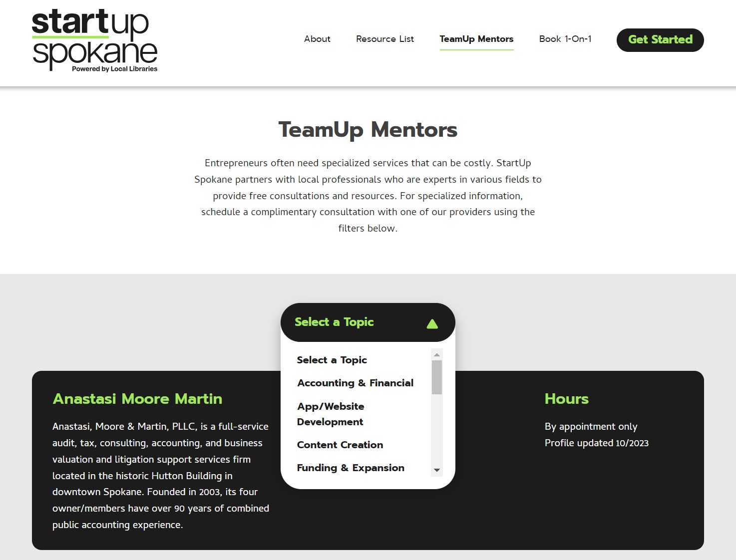 Screenshot of the TeamUp Mentors webpage for the StartUp Spokane website