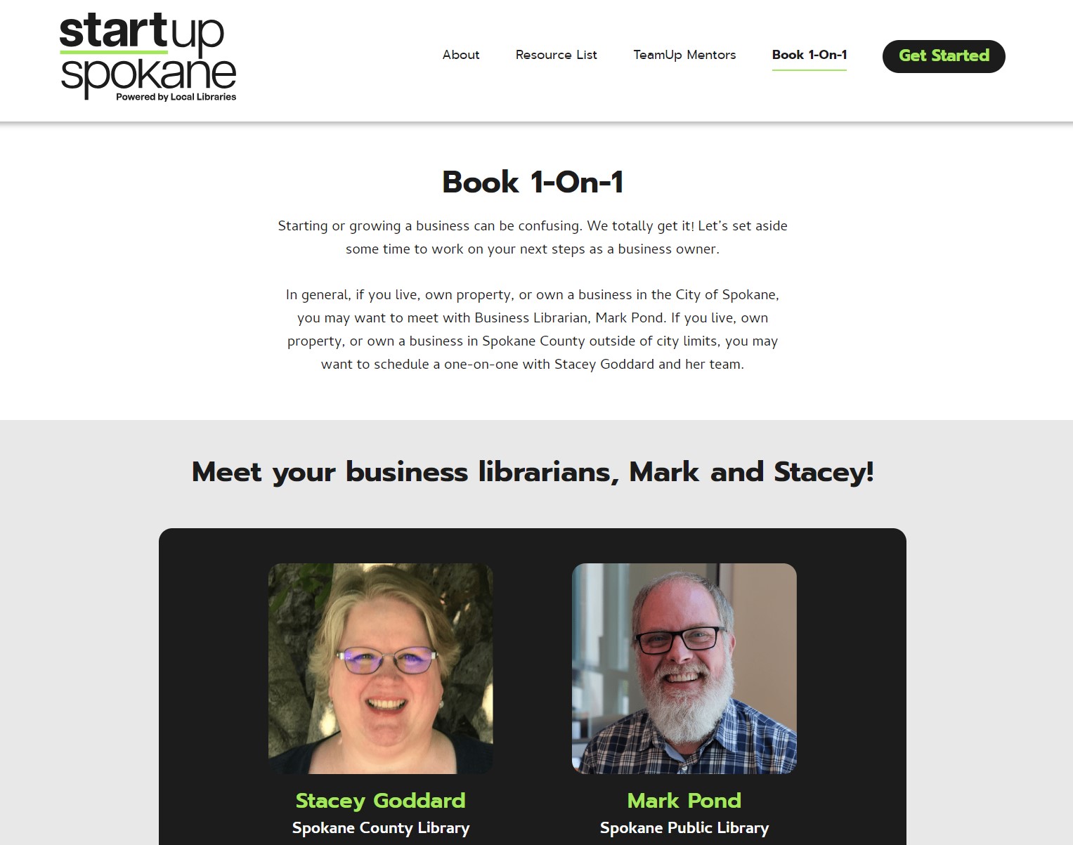 Screenshot of the Book 1-on-1 webpage for the StartUp Spokane website