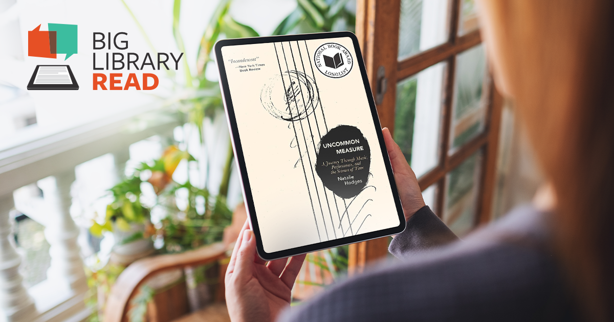 Big Library Read Feature Image: Womans holding an eReader with the book cover showing for "Uncommon Measure"