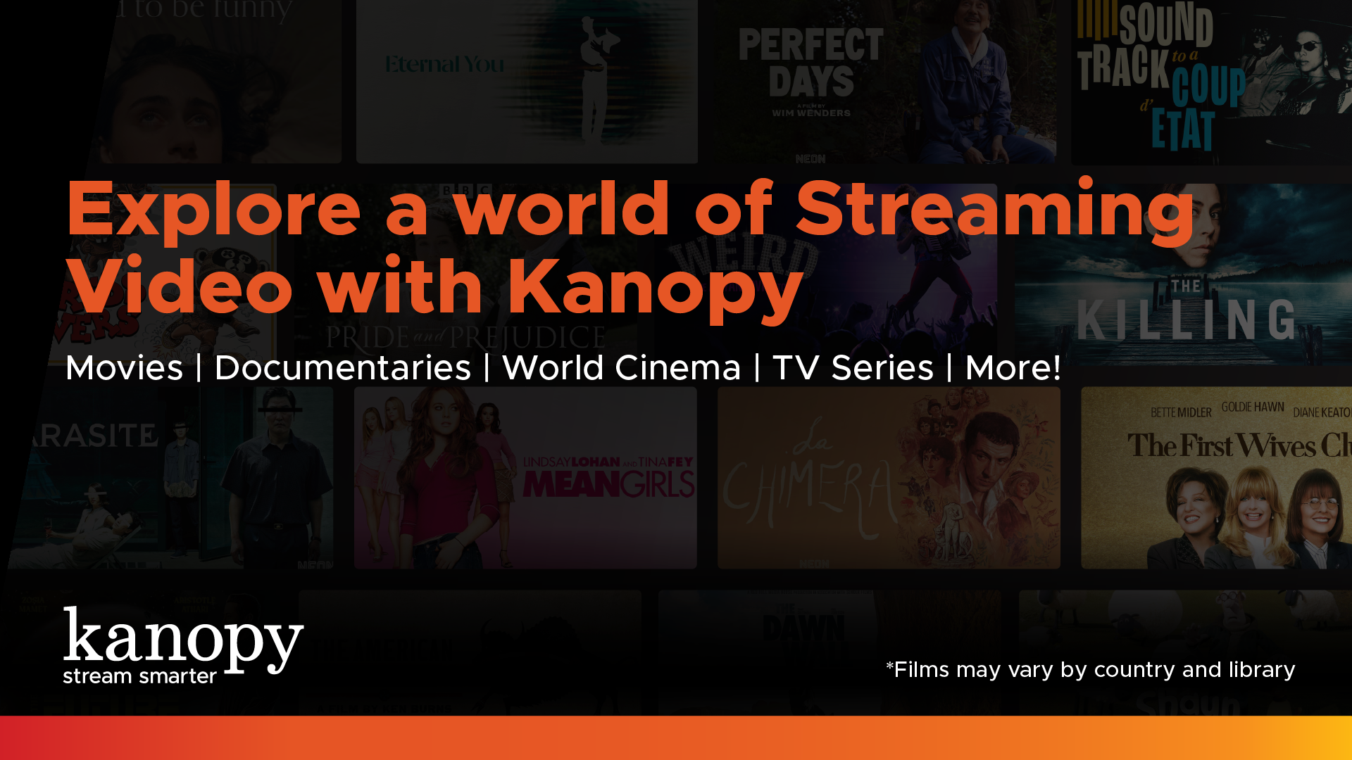 Kanopy streaming movies, documentaries, and TV series. Free with an in-district SCLD library card.