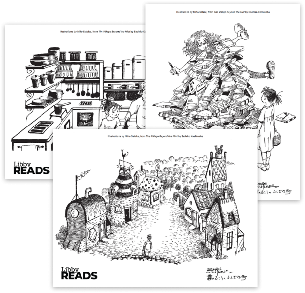 Coloring pages for "The Village Beyond the Mist," a Libby Reads selection